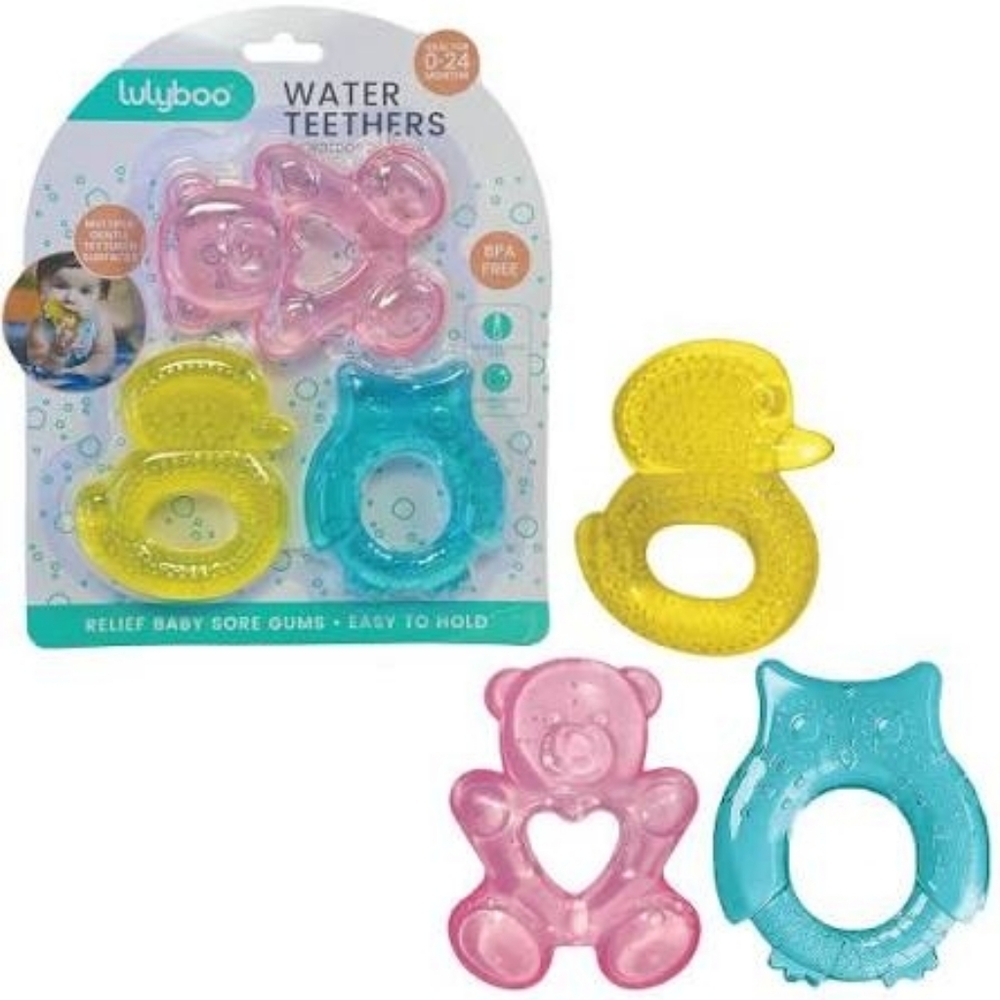 NIB 👶 LulyBoo BPA Free 3 Pc Water Teethers 0-24 Mos Pink, Blue, Yellow Animals